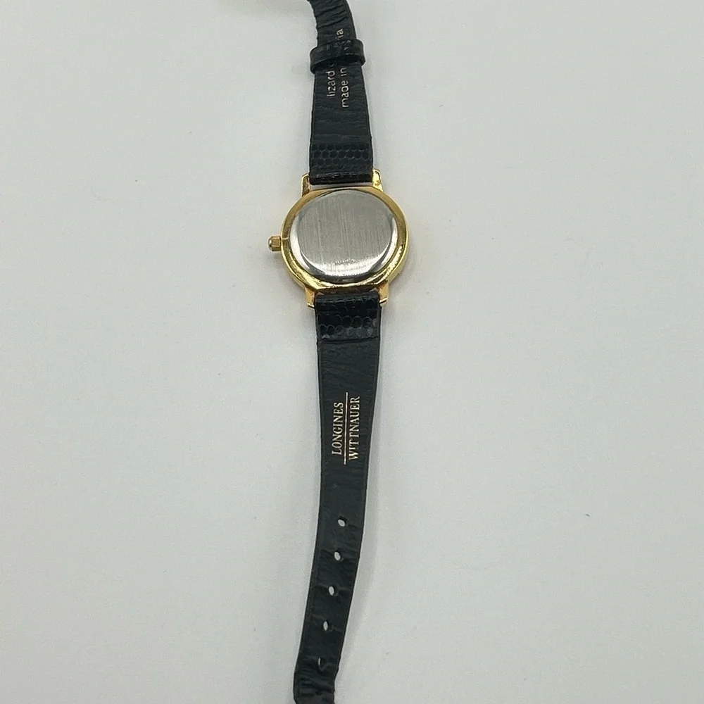 Vintage Longines Wittnauer Quartz Watch Gold Tone Steel Black Lizard Leather 587